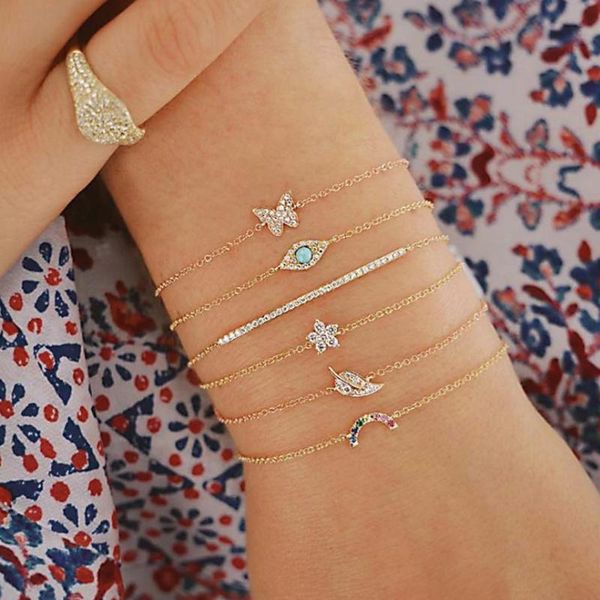 

charm bracelets punk butterfly eye flower moon leaves rainbow crystal gem shiny gold multilayer chain bracelet set women exquisite party jew, Golden;silver