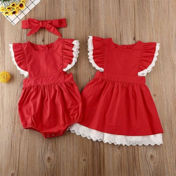 

christmas sister matching outfit kid baby girl little sister romper headband big dress xmas party clothes 6m-5y, Red;yellow