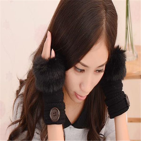 

five fingers gloves ms winter solid color yarn button half knitting fashion students burr fingerless jt-12, Blue;gray
