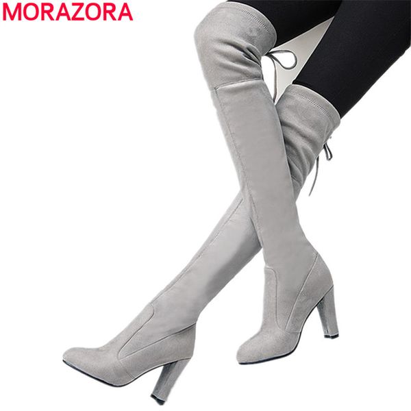 

boots morazora plus size 34-43 women solid over the knee high heels thigh autumn stretch botas woman, Black