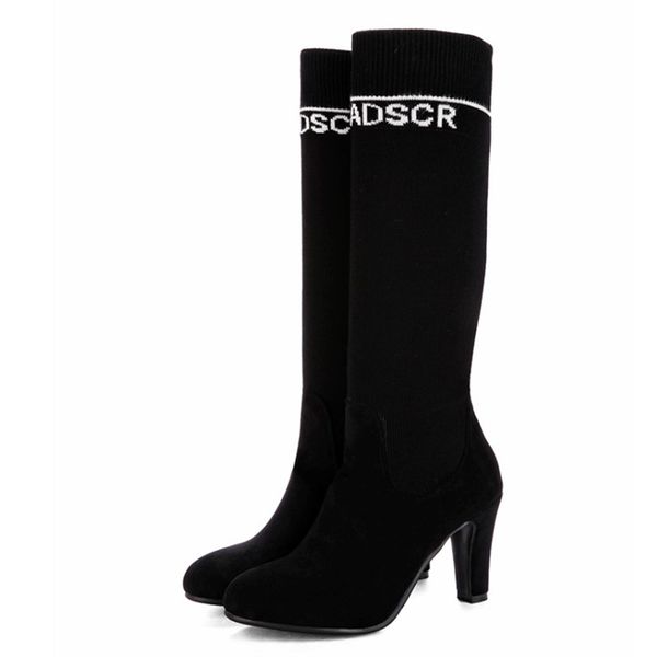 

boots agodor fashion block high heels women stretch socks mid calf knitting winter, Black