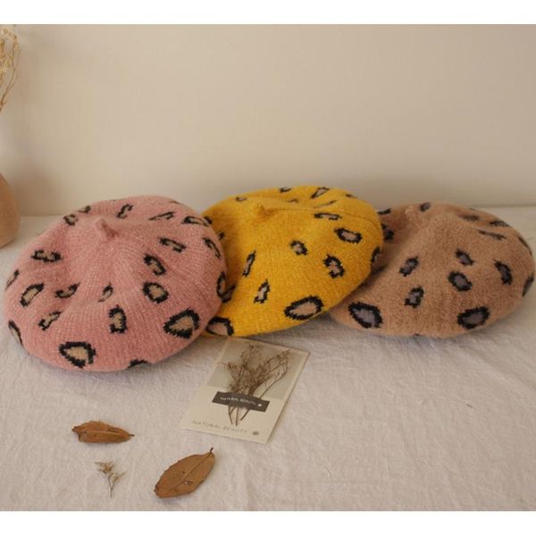 

vintage kids baby girl berets hat children autumn winter warm woolen caps french artist woollen hats leopard print casquette, Yellow