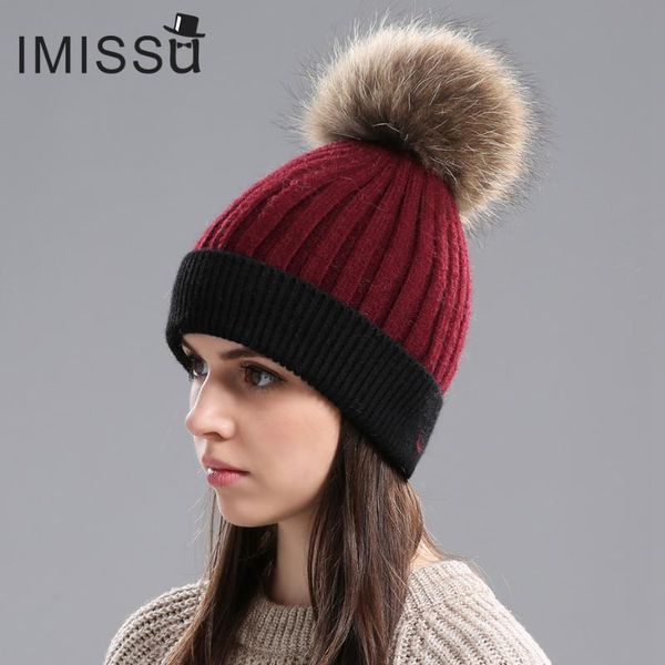 

imissu women's winter hats knitted real wool beanies caps raccoon fur pom pom hat female casual outdoor warm thick skullies, Blue;gray