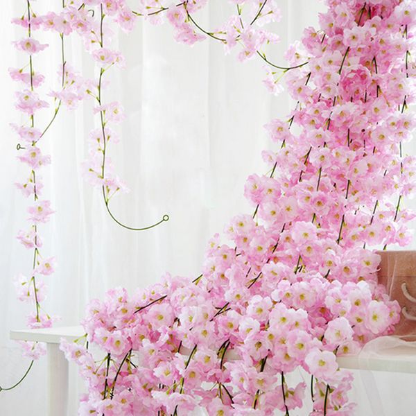 

200cm silk sakura cherry rattan wedding arch decoration vine artificial flowers home party decor ivy wall hanging garland wreath