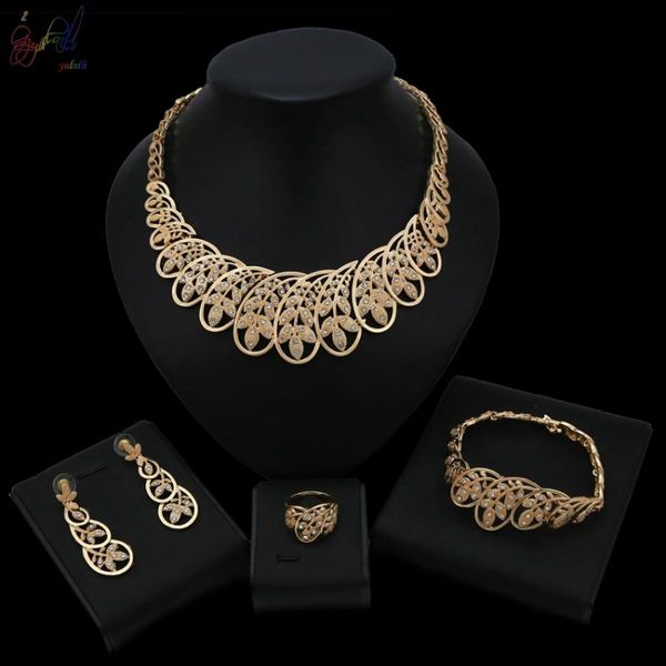 

yulaili african nigerian wedding jewelry sets classic gold plated leaf shape necklace bracelet earrings ring for women, Silver