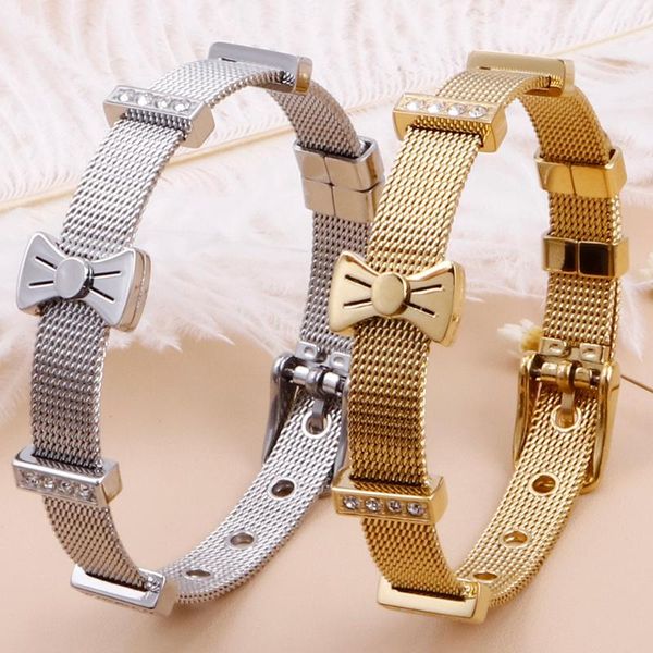

trendy watchband style ladies bracelets with stones 316l stainless steel bow-knot rosette bracelet women female jewelry bangles, Golden;silver