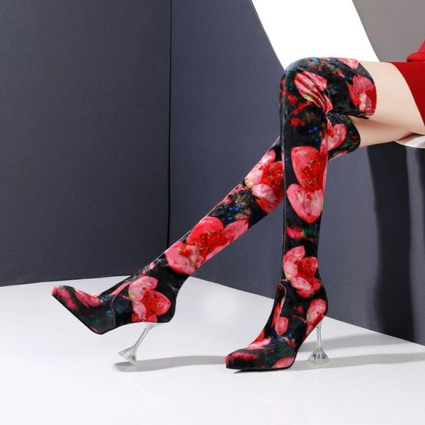 

womens over knee thigh&ankle boots stretchy floral printed mixed colors wine glass clear transparent heel shoes luxury k01, Black