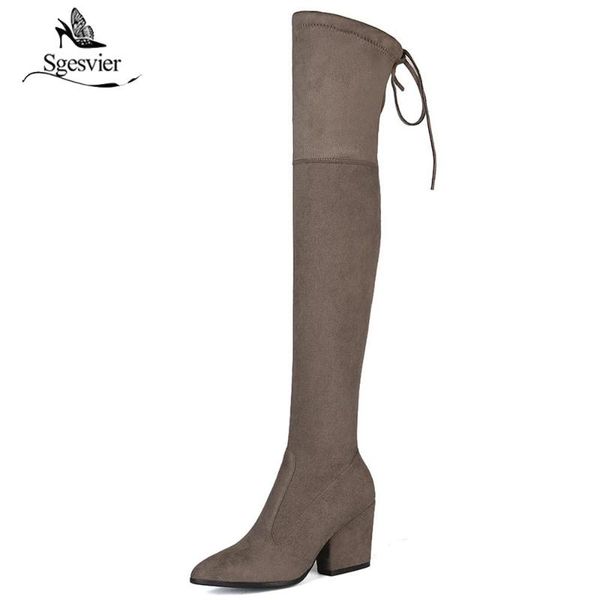 

sgesvier 2020 new black gray womens kid suede thigh high boots block thick heel over-knee boots pointed toe long ox656