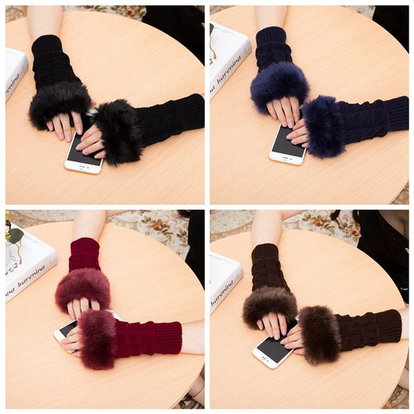 

1 pair wool blend faux fur women fingerless gloves knitted crochet winter gloves warm mittens female, Blue;gray