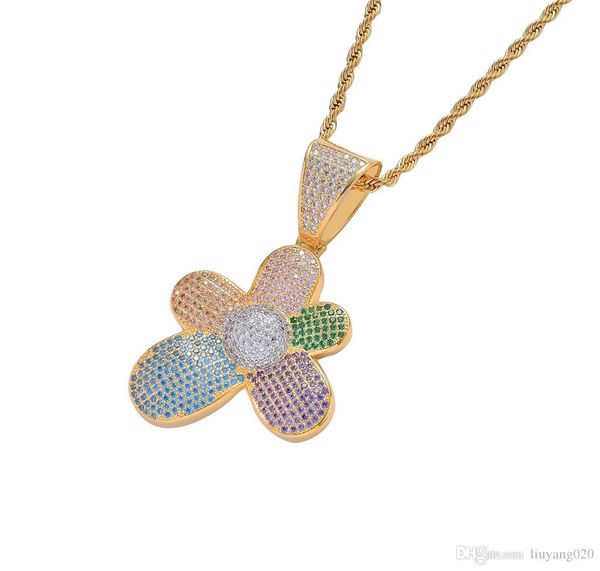 

colorful hip hop flower jewelry micro pave iced out rainbow cubic zirconia flower pendant necklace collares joyeria002, Silver