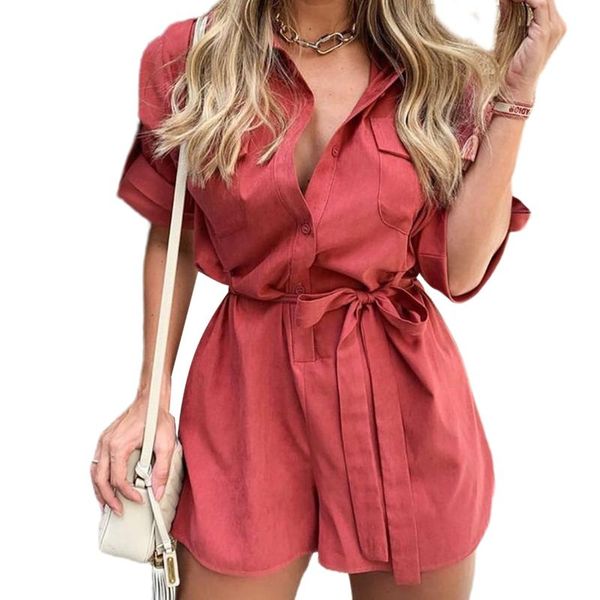 

women elegant office ladies casual playsuits short sleeve button lace up solid beach holiday rompers jumpsuits overalls, Black;white