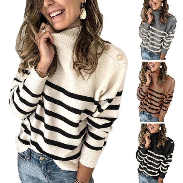 

women autumn long sleeve turtleneck sweater metal buttons decor knitted pullover elegant striped casual loose jumper shirt, White;black