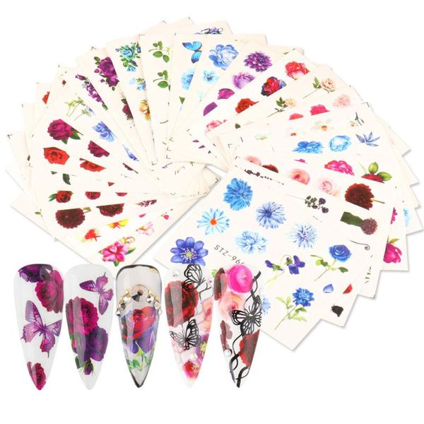 

24pcs flower water nail stickers decals daisy rose transfer tip watermark flora painting slider manicure decoration, Black