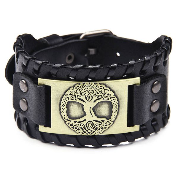 

charm bracelets tree of life vintage wrap leather man with antique bronze metal vikings guard charms bracelet, Golden;silver