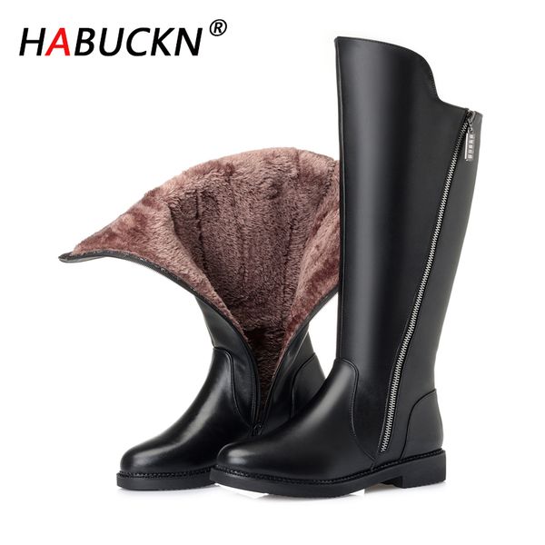 

boots habuckn women winter snow genuine leather high-heeled girl long wool lady fashion shoes high quality, Black