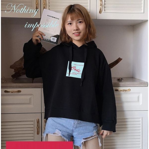 

cotton 2020 early spring new t-shirt autumn all-match women's thin super coat t-shirt sweater pullover sweaterins pullover hooded sweat, Black