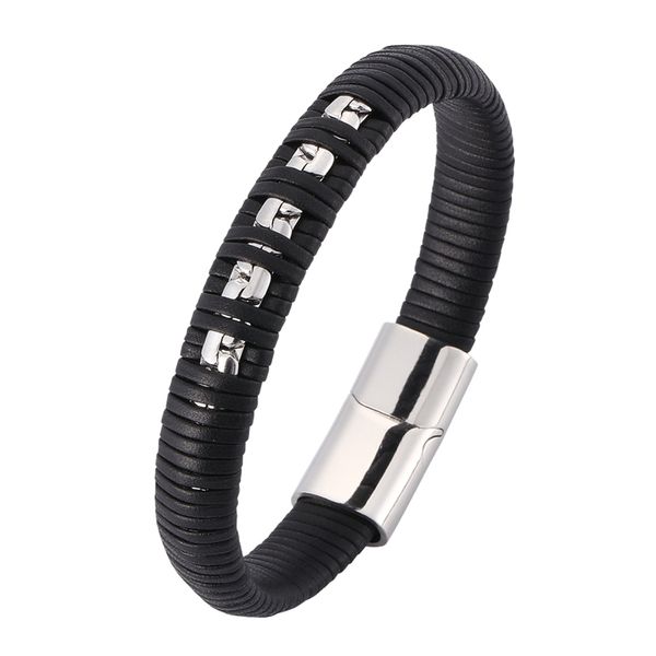 

charm bracelets punk leather bangles for men jewelry black braided steel chain bracelet handmade fashion magnet clasp sp0407, Golden;silver