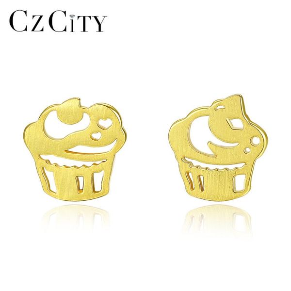 

stud czcity fashion sterling silver 925 earrings for women brushed vivid asymmetry cake shape earring fine jewelry birthday gift, Golden;silver