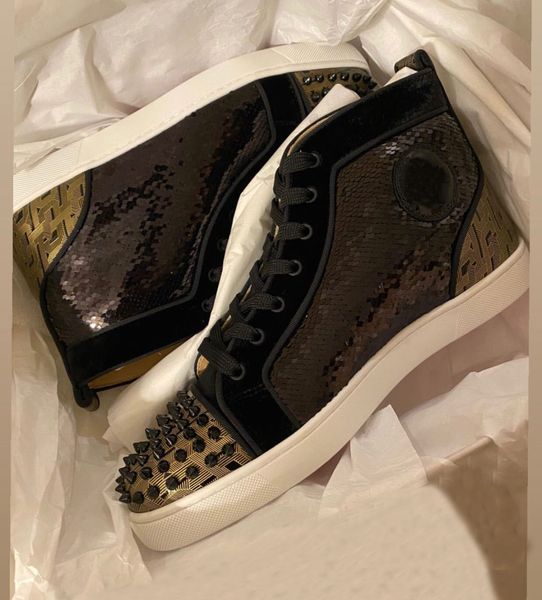 

perfect brands black sequin leather with spikes casual shoes high red bottom sneakers men women outdoor trainers dress party wedding