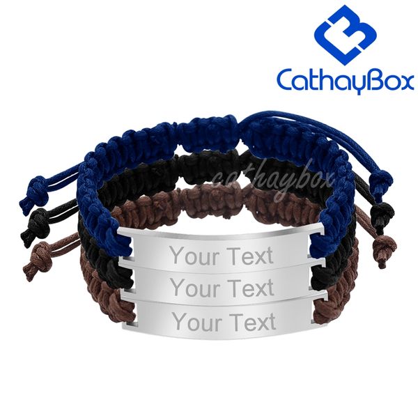 

men's hand braided black bracelet with high polished stainless steel blank id plaque, Golden;silver