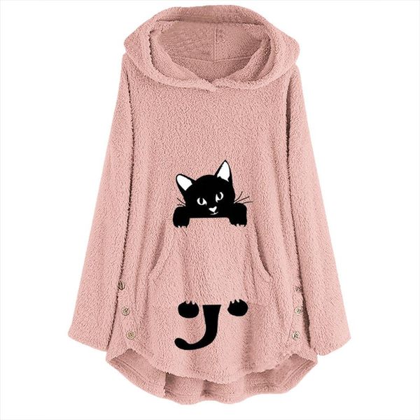 

толстовка cat вышивки с длинным рукавом толстовки kawaii зимние куртки женщины флис сохранить теплые кнопки карманный толстовка пуловер паль, Black