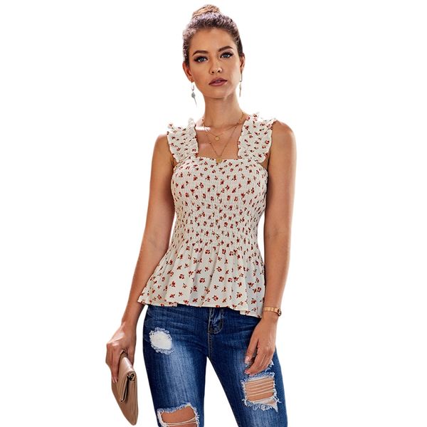 

women tank summer casual floral smocked tank pleated sleeveless white l