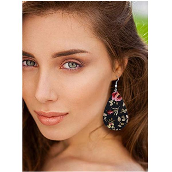 

fashion new artificial leather teardrop flower earrings lightweight sweet retro long hanging earrings for women jewelry