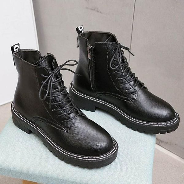 

boots fashion ankle winter pu leather women work shoes round toe lace-up black