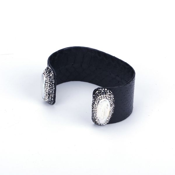

natural freshwater pearl end bead charm rhinestone dark red navy blue real snake leather big wide open bangles cuffs for women, Black