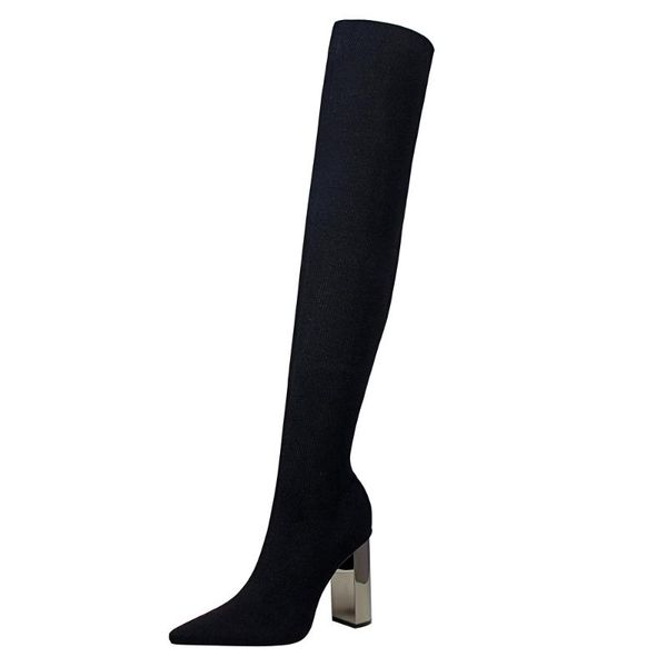 

thigh high boots women knitwear sock shoes laidies 10cm high block heels pointed toe black boots elegent party office footwear