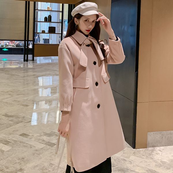 

autumn winter elegante woolen coat women korean casual ladies long woolen coats warm clothes femme removable tie, Black