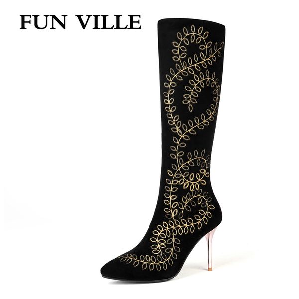 

fun ville 2020 new style embroider women knee high boots kid suede winter high heel boots warm pointed toe zipper big size 34-45, Black