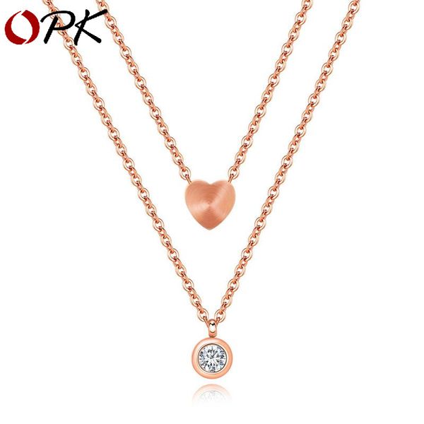 

opk fashion women's necklace japanese and korean titanium steel rose gold double layer love necklace collar chain is colorfast, Silver