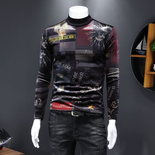 

2022 new men's korean version plus velvet thick high-neck long-sleeved t-shirt digital printing fashion casual plus size bottoming shi, White;black