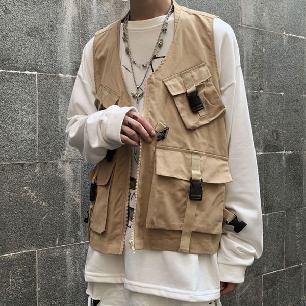 

autumn cotton vest men's fashion solid color multi-pocket tooling vest men streetwear wild loose hip-hop korean vests mens, Black;white