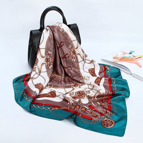 

new twill silk large scarf women fashion belt pattern satin square scarve ladys design handkerchief 90x90cm bandana, Blue;gray