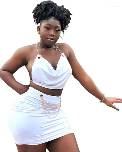 

halter chain sashes crop skirt with chain womens two piece sets womens two piece dress v-neck, White