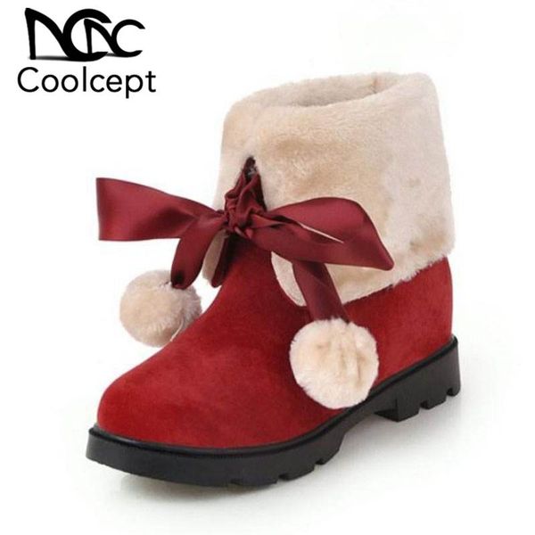 

coolcept ankle boots women fashion bowknot winter keep warm plush fur flats snow boots round toe casual short size 33-43, Black