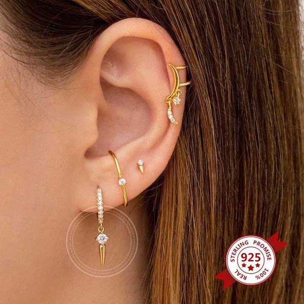 

hoop & huggie 925 sterling silver cz crystal charms earrings for women geometric cone prevent allergy jewelry 2021 gift, Golden;silver
