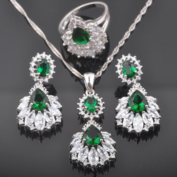 

noble green zircon women's wedding jewelry sets silver color earrings pendant necklace rings qz0476