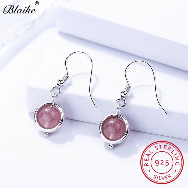 

blaike real 925 sterling silver drop earrings for women pink/blue beads stone round dangle earrings female korean fine jewelry