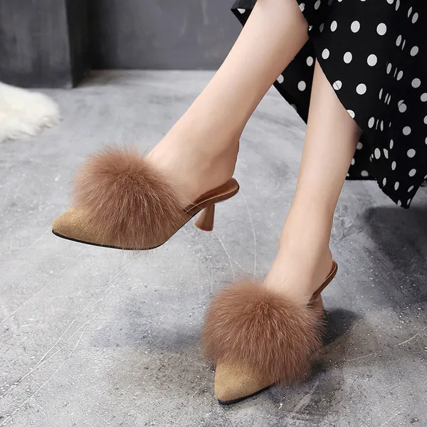 

strange heels ladies fluffy feather slippers winter long plush warm flipflops chausson woman pointed closed toe fur mules slides, Black
