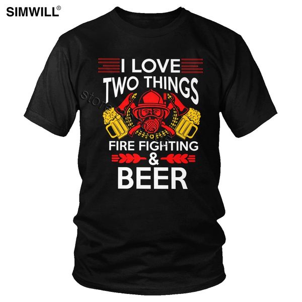 

classic firefighter and beer t shirt men cotton tees short sleeve i love two things fire rescuer fighting drinking tshirt