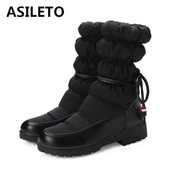 

asileto women mid-calf boots round toe winter snow boots waterproof down platform elastic band faux leather big size 43, Black
