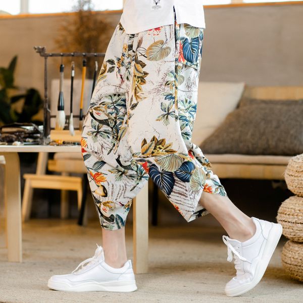 

2020 summer new chinese style pants men's ethnic style cotton linen capri pants men's linen summer loose flower, Blue