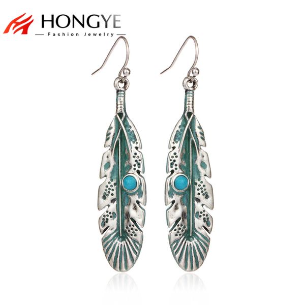 

dangle & chandelier 2021 vintage drop feather earrings for women - round blue enameling rhinestone beads leaves dangling, Silver