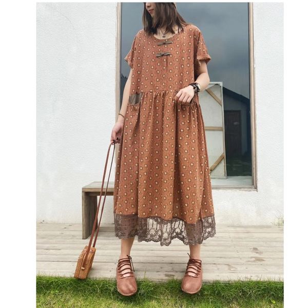 

lace edge patchwork eastern style buttons sunflowers print short sleeve cotton dress 2020 early autumn, Black;gray