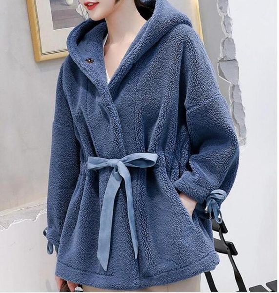 

2020 women winter faux fur overcoat sheep shearing lady casual warm faux sheep lamb wool fur hooded coat, Black