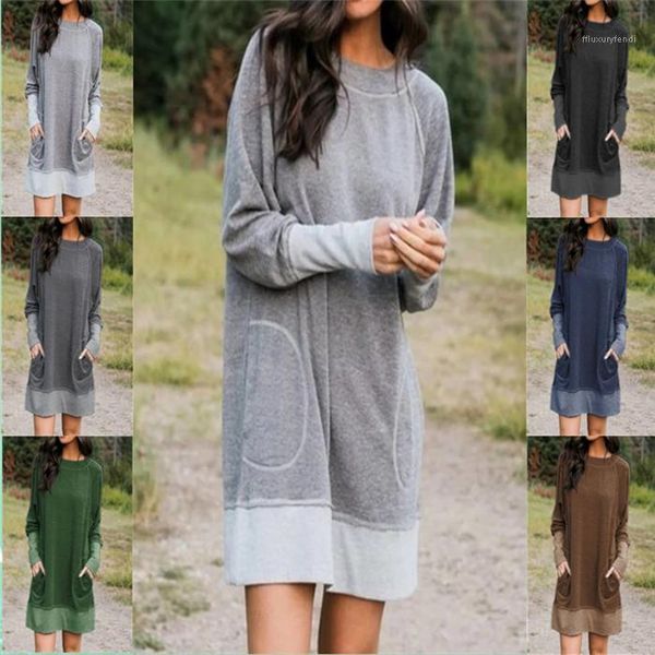 

sleeve patchwork casual dresses loose women designer pocket dress plus size womens designer clothing autumn o neck lantern, Black;gray