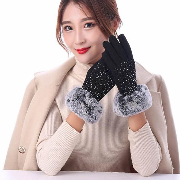 

women winter touch screen mittens gloves plush winter warm mittens elegant gypsophila plus velvet thickening driving gloves d86, Blue;gray